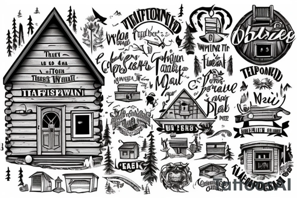 there’s a cabin in the woods with the door wide open and there’s a creek and tiny mail box that says temporary town. the design would be captioned with “let the world pass by ‘til there’s no turning around” tattoo idea