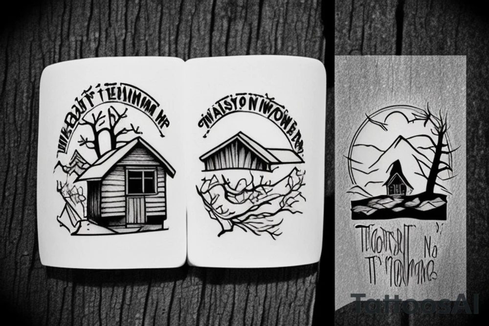 there’s a cabin in the woods with the door wide open and there’s a creek and tiny mail box that says temporary town. the design would be captioned with “let the world pass by ‘til there’s no turning around” tattoo idea