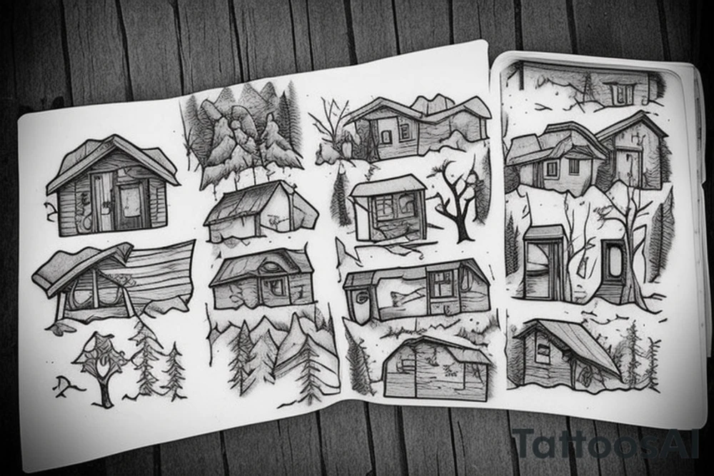 there’s a cabin in the woods with the door wide open and there’s a creek and tiny mail box that says temporary town. the design would be captioned with “let the world pass by ‘til there’s no turning around” tattoo idea