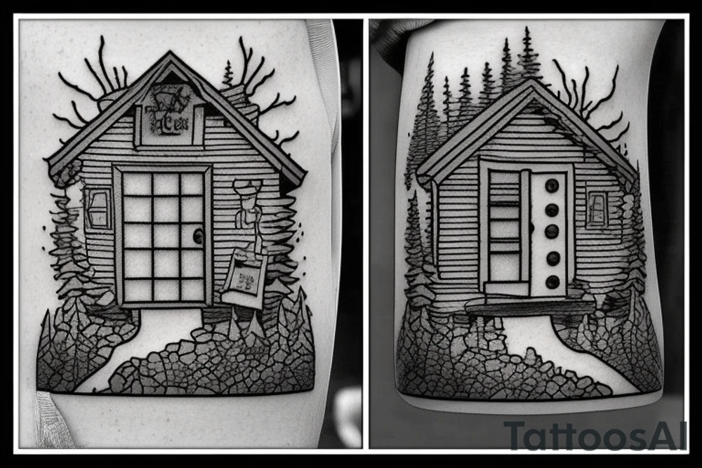 there’s a cabin in the woods with the door wide open and there’s a creek and tiny mail box that says temporary town. the design would be captioned with “let the world pass by ‘til there’s no turning around” tattoo idea