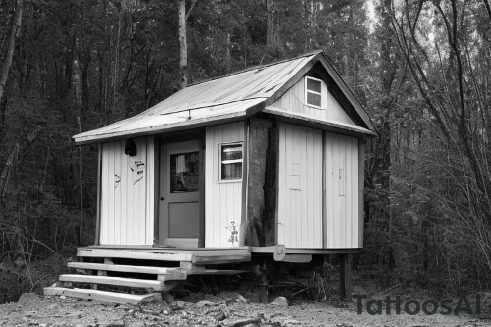 there’s a cabin in the woods with the door wide open and there’s a creek and tiny mail box that says temporary town. the design would be captioned with “let the world pass by ‘til there’s no turning around” tattoo idea