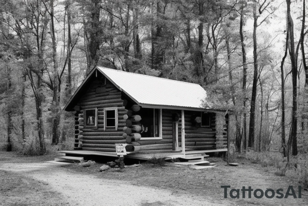there’s a cabin in the woods with the door wide open and there’s a creek and tiny mail box that says temporary town. the design would be captioned with “let the world pass by ‘til there’s no turning around” tattoo idea