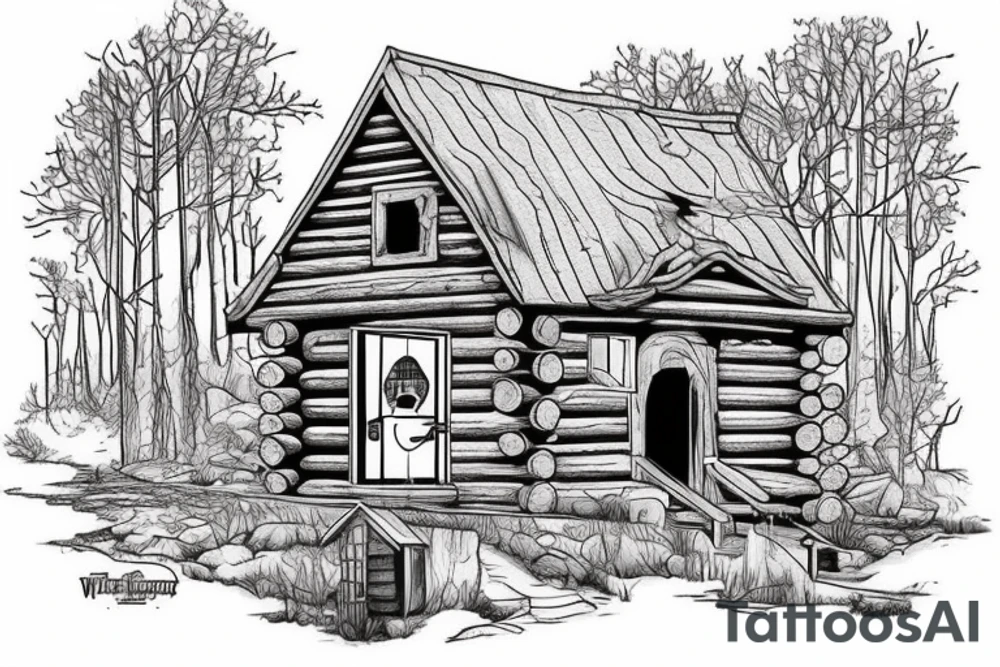 there’s a cabin in the woods with the door wide open and there’s a creek and tiny mail box that says temporary town. the design would be captioned with “let the world pass by ‘til there’s no turning around” tattoo idea