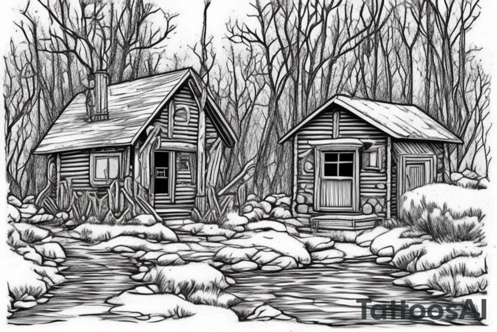 there’s a cabin in the woods with the door wide open and there’s a creek and tiny mail box that says temporary town. the design would be captioned with “let the world pass by ‘til there’s no turning around” tattoo idea