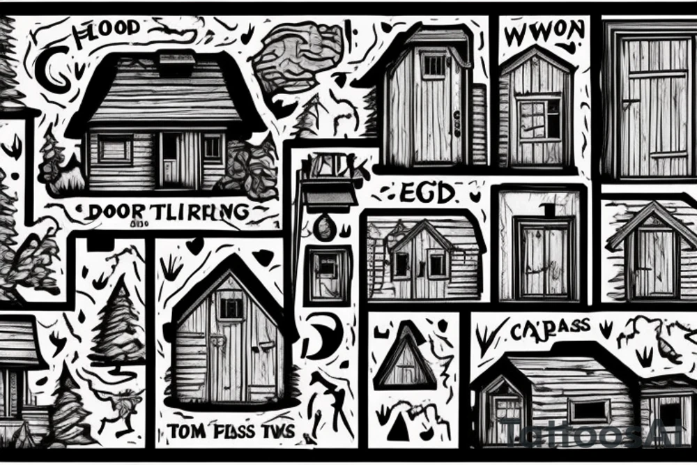 there’s a cabin in the woods with the door wide open and there’s a creek and tiny mail box that says temporary town. the design would be captioned with “let the world pass by ‘til there’s no turning around” tattoo idea