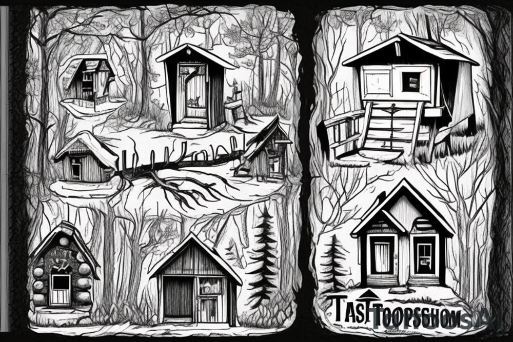 there’s a cabin in the woods with the door wide open and there’s a creek and tiny mail box that says temporary town. the design would be captioned with “let the world pass by ‘til there’s no turning around” tattoo idea