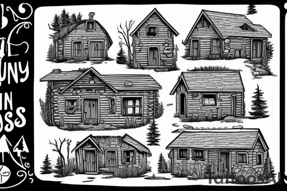 there’s a cabin in the woods with the door wide open and there’s a creek and tiny mail box that says temporary town. the design would be captioned with “let the world pass by ‘til there’s no turning around” tattoo idea