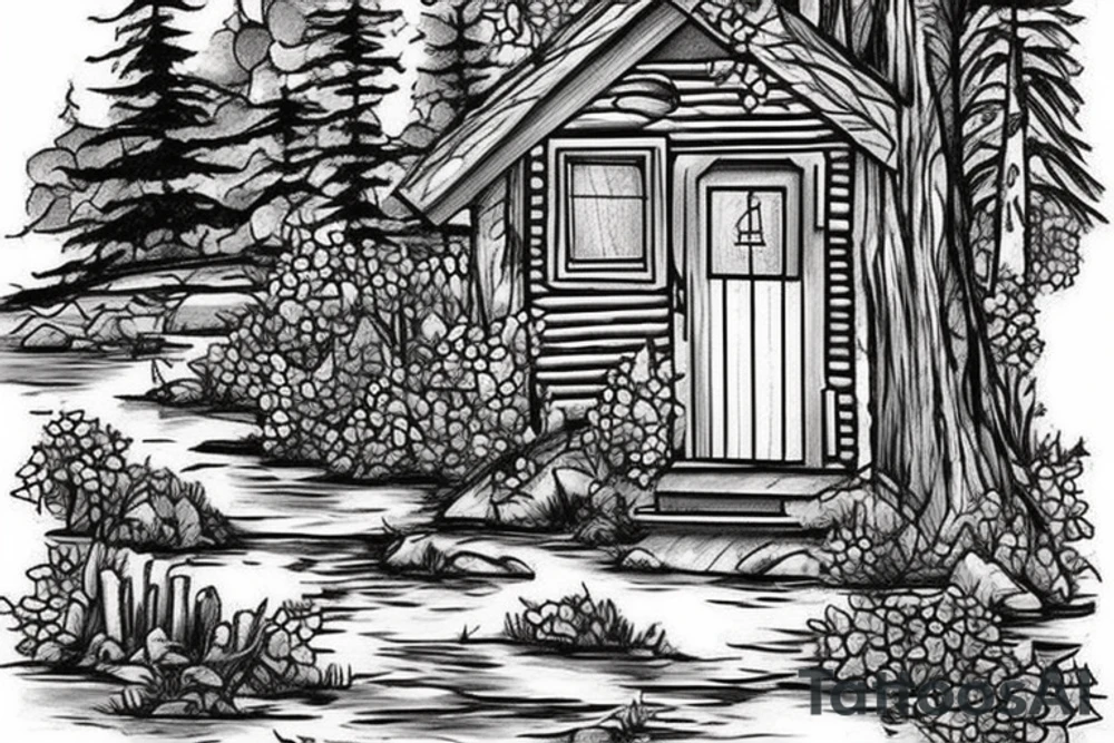 there’s a cabin in the woods with the door wide open and there’s a creek and tiny mail box that says temporary town. the design would be captioned with “let the world pass by ‘til there’s no turning around” tattoo idea
