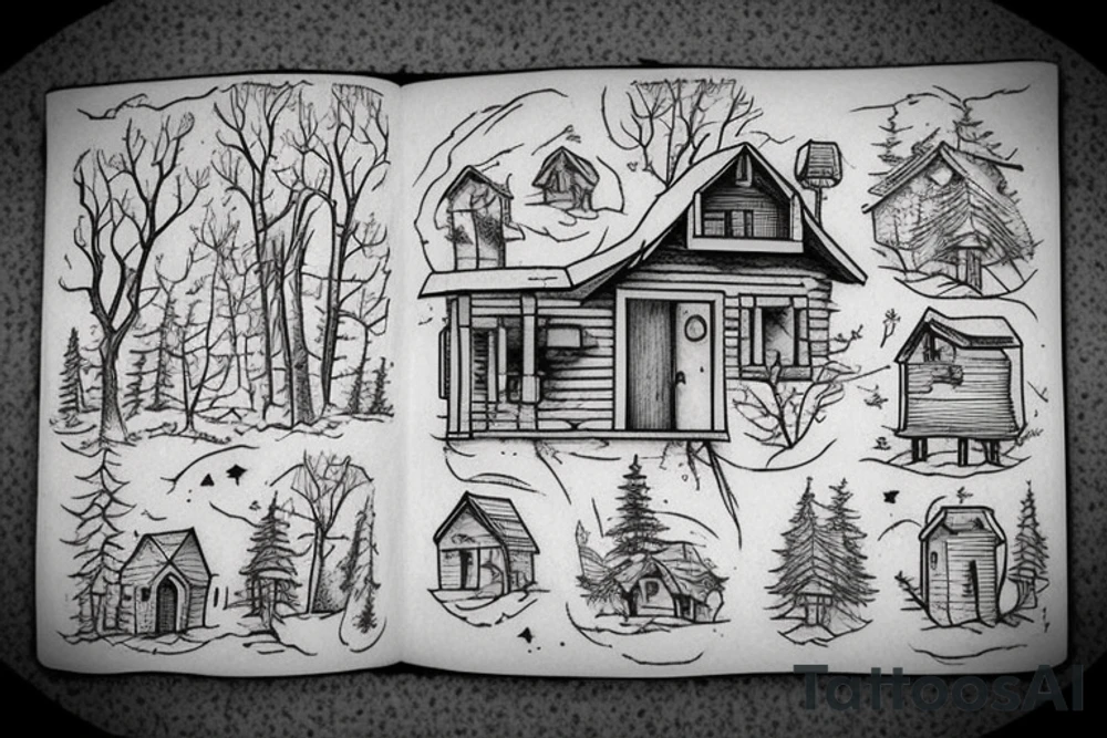 there’s a cabin in the woods with the door wide open and there’s a creek and tiny mail box that says temporary town. the design would be captioned with “let the world pass by ‘til there’s no turning around” tattoo idea