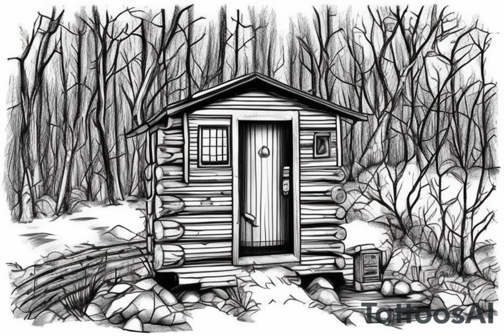 there’s a cabin in the woods with the door wide open and there’s a creek and tiny mail box that says temporary town. the design would be captioned with “let the world pass by ‘til there’s no turning around” tattoo idea