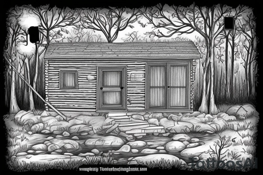 there’s a cabin in the woods with the door wide open and there’s a creek and tiny mail box that says temporary town. the design would be captioned with “let the world pass by ‘til there’s no turning around” tattoo idea