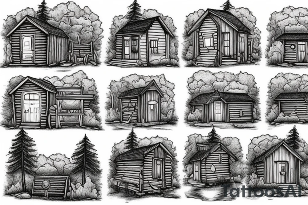 there’s a cabin in the woods with the door wide open and there’s a creek and tiny mail box that says temporary town. the design would be captioned with “let the world pass by ‘til there’s no turning around” tattoo idea