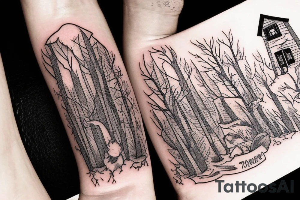 there’s a cabin in the woods with the door wide open and there’s a creek and tiny mail box that says temporary town. the design would be captioned with “let the world pass by ‘til there’s no turning around” tattoo idea
