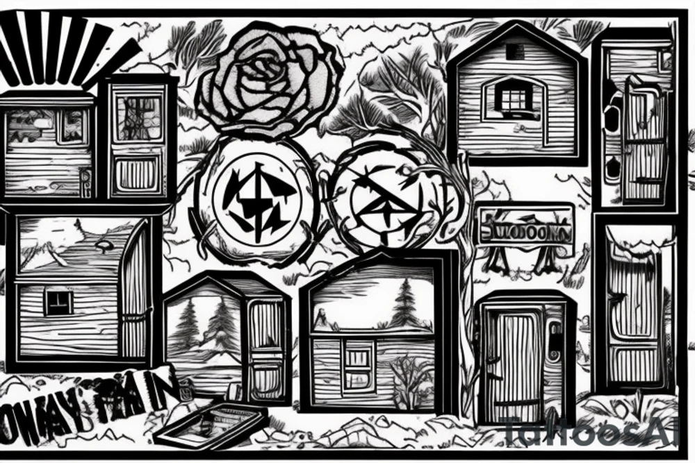 there’s a cabin in the woods with the door wide open and there’s a creek and tiny mail box that says temporary town. the design would be captioned with “let the world pass by ‘til there’s no turning around” tattoo idea