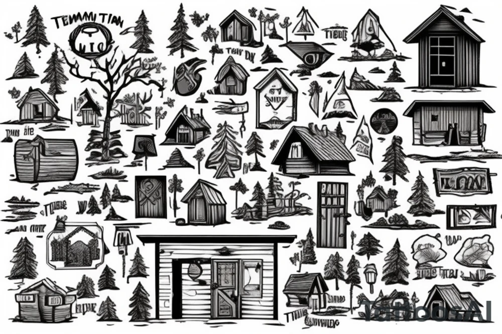 there’s a cabin in the woods with the door wide open and there’s a creek and tiny mail box that says temporary town. the design would be captioned with “let the world pass by ‘til there’s no turning around” tattoo idea