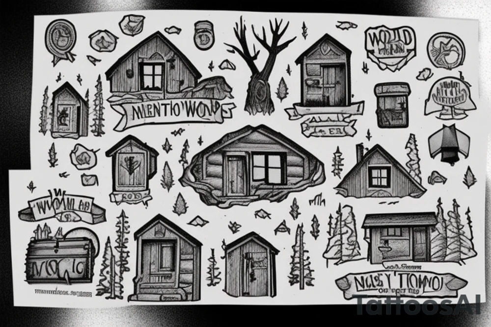there’s a cabin in the woods with the door wide open and there’s a creek and tiny mail box that says temporary town. the design would be captioned with “let the world pass by ‘til there’s no turning around” tattoo idea