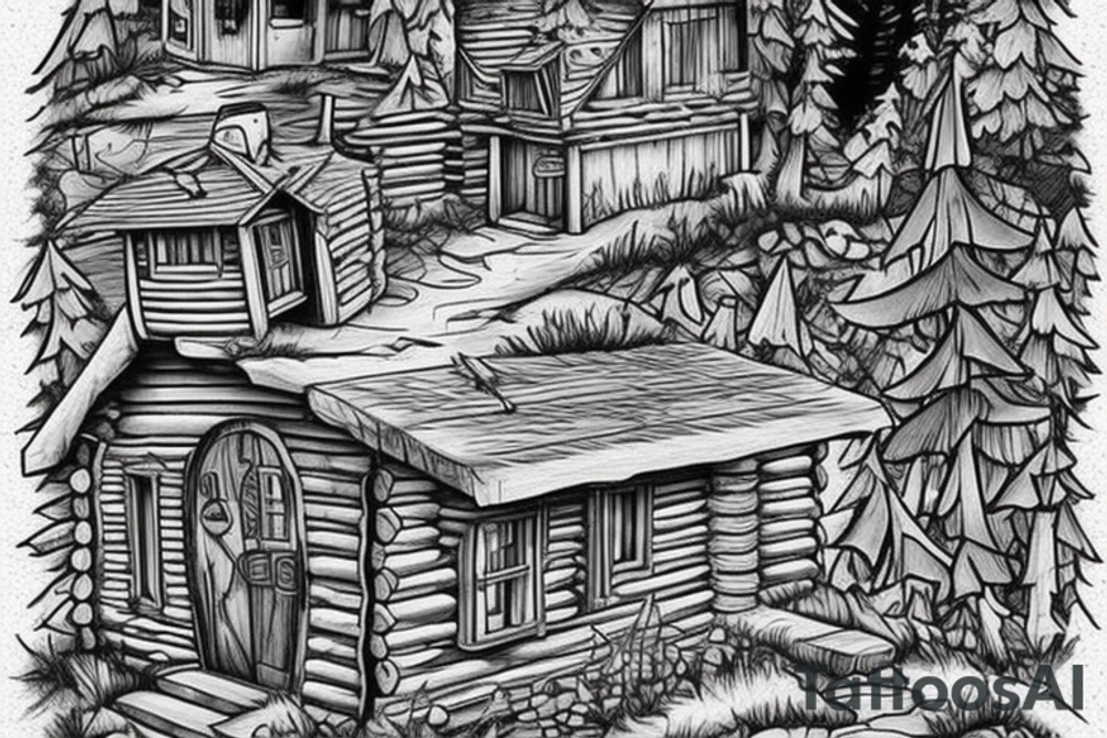 there’s a cabin in the woods with the door wide open and there’s a creek and tiny mail box that says temporary town. the design would be captioned with “let the world pass by ‘til there’s no turning around” tattoo idea