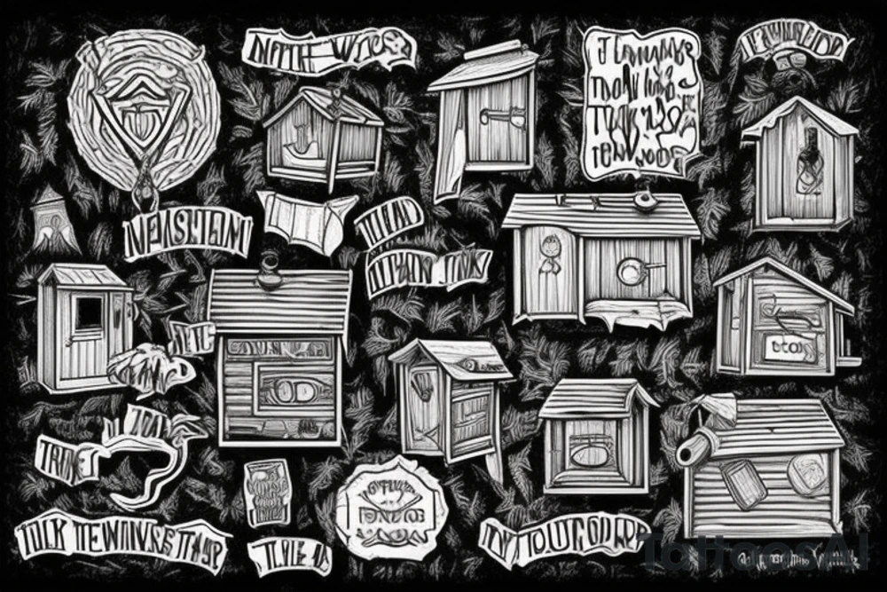 there’s a cabin in the woods with the door wide open and there’s a creek and tiny mail box that says temporary town. the design would be captioned with “let the world pass by ‘til there’s no turning around” tattoo idea
