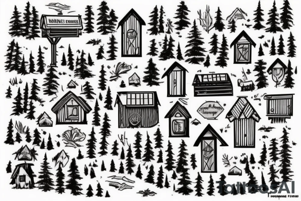 there’s a cabin in the woods with the door wide open and there’s a creek and tiny mail box that says temporary town. the design would be captioned with “let the world pass by ‘til there’s no turning around” tattoo idea