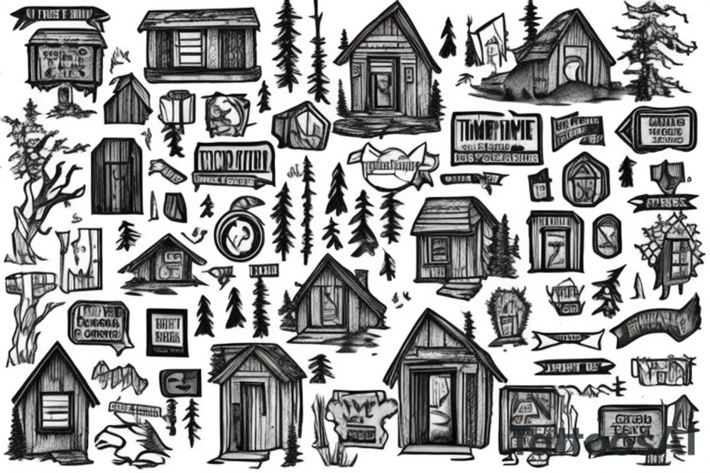 there’s a cabin in the woods with the door wide open and there’s a creek and tiny mail box that says temporary town. the design would be captioned with “let the world pass by ‘til there’s no turning around” tattoo idea