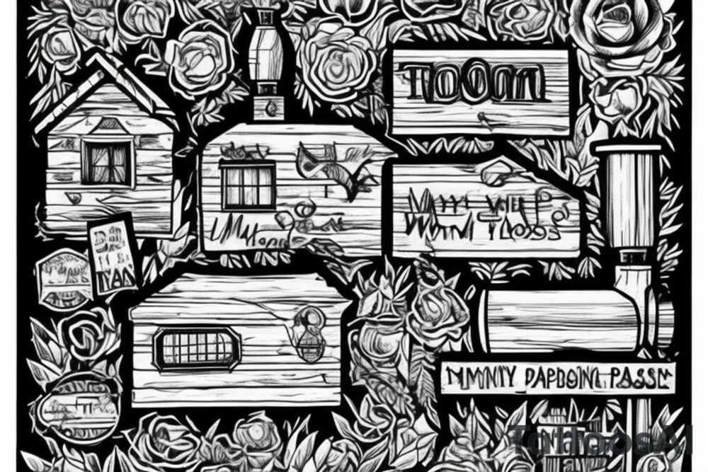 there’s a cabin in the woods with the door wide open and there’s a creek and tiny mail box that says temporary town. the design would be captioned with “let the world pass by ‘til there’s no turning around” tattoo idea
