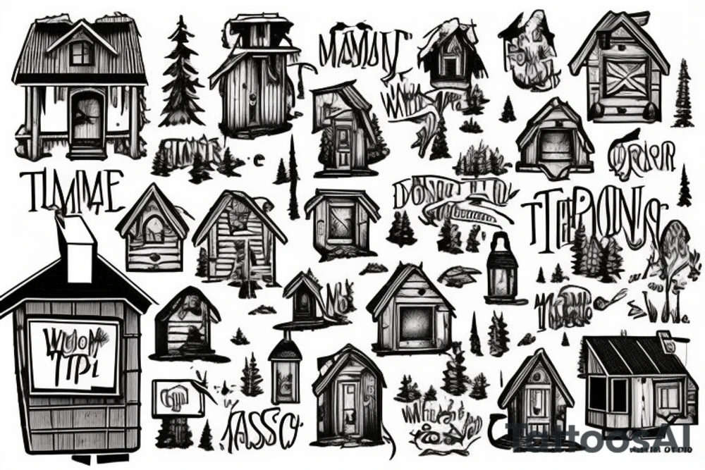 there’s a cabin in the woods with the door wide open and there’s a creek and tiny mail box that says temporary town. the design would be captioned with “let the world pass by ‘til there’s no turning around” tattoo idea