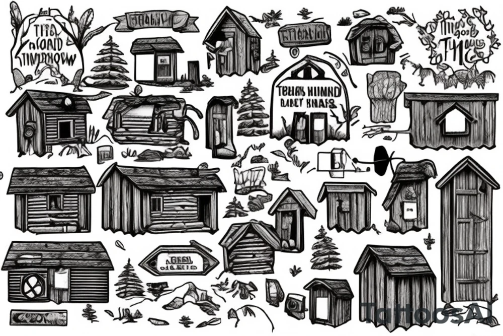 there’s a cabin in the woods with the door wide open and there’s a creek and tiny mail box that says temporary town. the design would be captioned with “let the world pass by ‘til there’s no turning around” tattoo idea