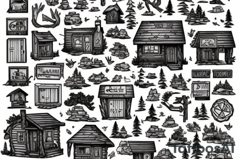 there’s a cabin in the woods with the door wide open and there’s a creek and tiny mail box that says temporary town. the design would be captioned with “let the world pass by ‘til there’s no turning around” tattoo idea