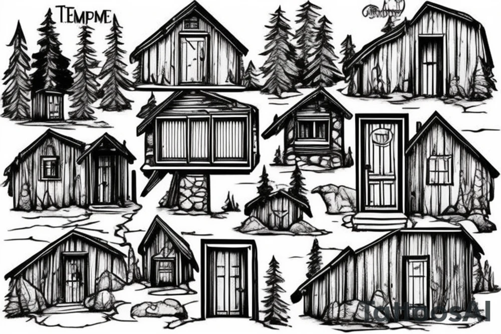 there’s a cabin in the woods with the door wide open and there’s a creek and tiny mail box that says temporary town. the design would be captioned with “let the world pass by ‘til there’s no turning around” tattoo idea