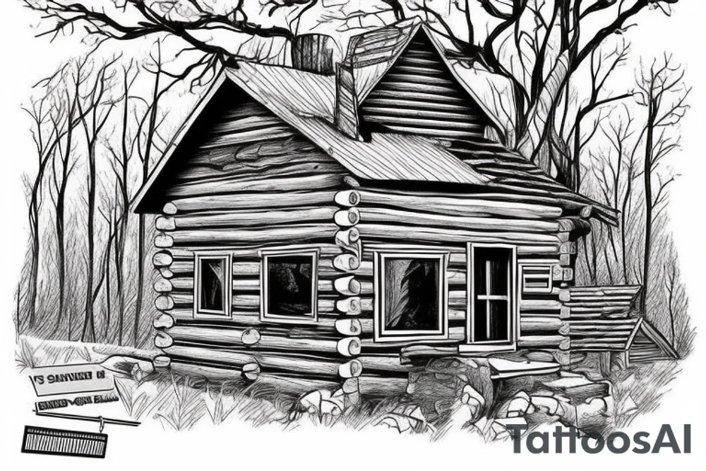 there’s a cabin in the woods with the door wide open and there’s a creek and tiny mail box that says temporary town. the design would be captioned with “let the world pass by ‘til there’s no turning around” tattoo idea
