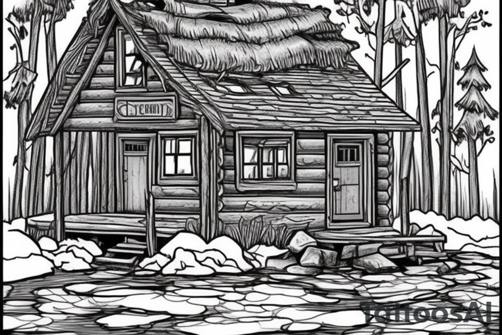 there’s a cabin in the woods with the door wide open and there’s a creek and tiny mail box that says temporary town. the design would be captioned with “let the world pass by ‘til there’s no turning around” tattoo idea