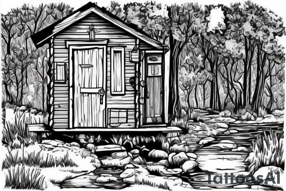 there’s a cabin in the woods with the door wide open and there’s a creek and tiny mail box that says temporary town. the design would be captioned with “let the world pass by ‘til there’s no turning around” tattoo idea