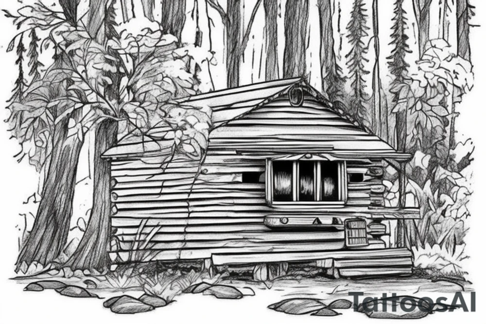 there’s a cabin in the woods with the door wide open and there’s a creek and tiny mail box that says temporary town. the design would be captioned with “let the world pass by ‘til there’s no turning around” tattoo idea