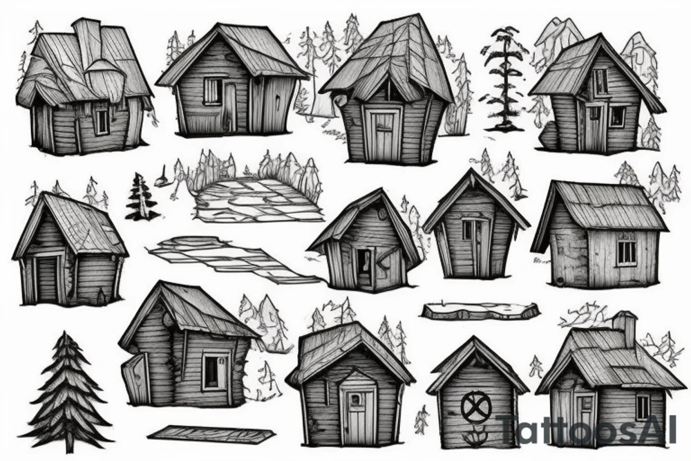 there’s a cabin in the woods with the door wide open and there’s a creek and tiny mail box that says temporary town. the design would be captioned with “let the world pass by ‘til there’s no turning around” tattoo idea