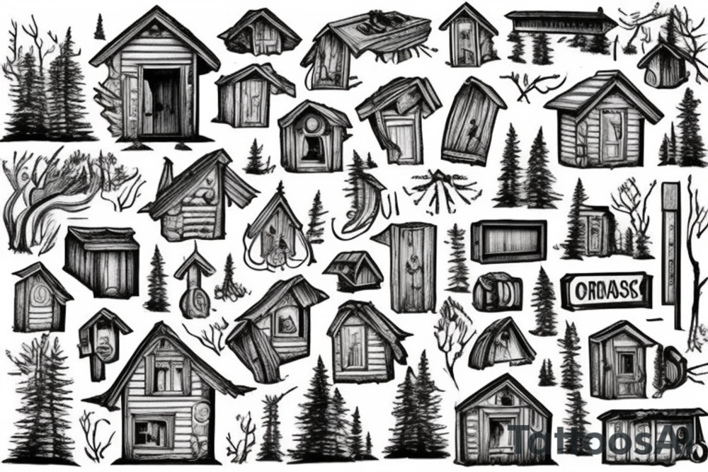 there’s a cabin in the woods with the door wide open and there’s a creek and tiny mail box that says temporary town. the design would be captioned with “let the world pass by ‘til there’s no turning around” tattoo idea