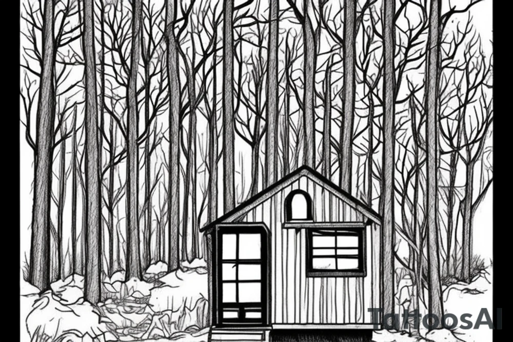 there’s a cabin in the woods with the door wide open and there’s a creek and tiny mail box that says temporary town. the design would be captioned with “let the world pass by ‘til there’s no turning around” tattoo idea
