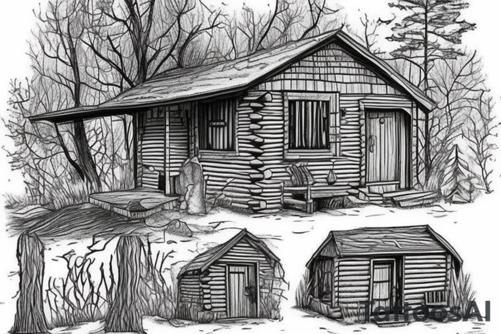 there’s a cabin in the woods with the door wide open and there’s a creek and tiny mail box that says temporary town. the design would be captioned with “let the world pass by ‘til there’s no turning around” tattoo idea