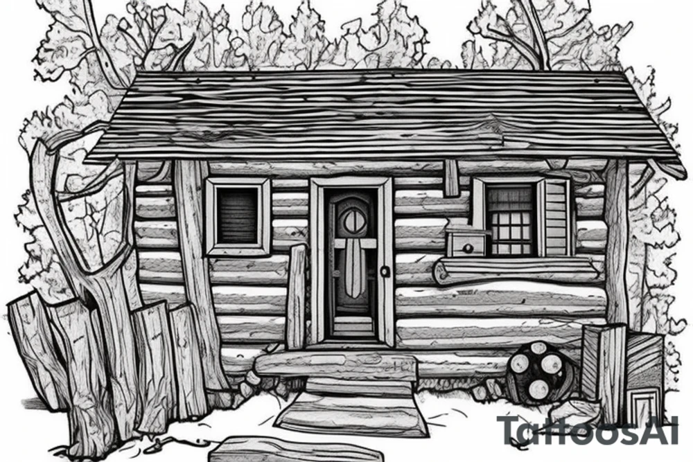there’s a cabin in the woods with the door wide open and there’s a creek and tiny mail box that says temporary town. the design would be captioned with “let the world pass by ‘til there’s no turning around” tattoo idea