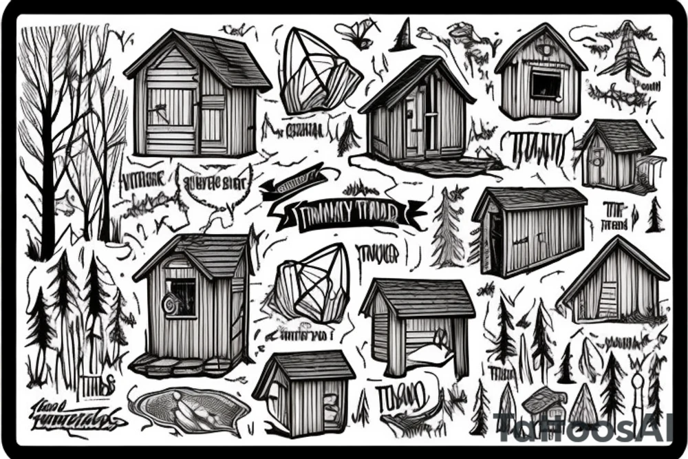 there’s a cabin in the woods with the door wide open and there’s a creek and tiny mail box that says temporary town. the design would be captioned with “let the world pass by ‘til there’s no turning around” tattoo idea