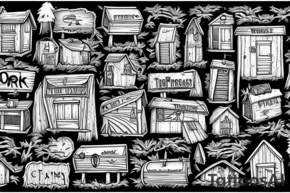 there’s a cabin in the woods with the door wide open and there’s a creek and tiny mail box that says temporary town. the design would be captioned with “let the world pass by ‘til there’s no turning around” tattoo idea