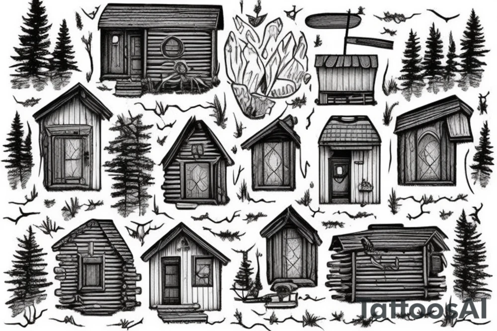 there’s a cabin in the woods with the door wide open and there’s a creek and tiny mail box that says temporary town. the design would be captioned with “let the world pass by ‘til there’s no turning around” tattoo idea