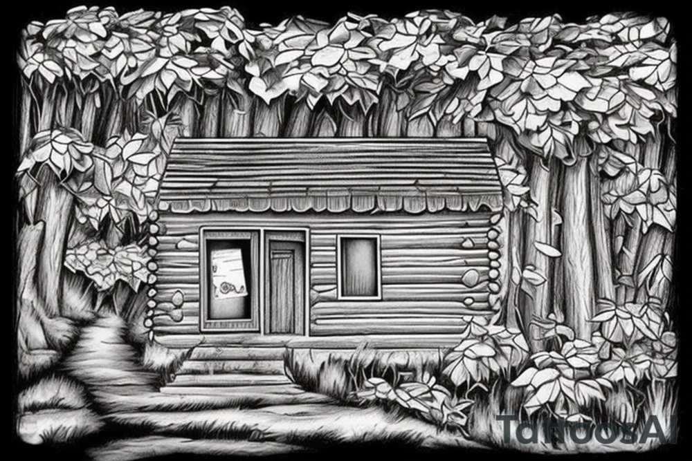 there’s a cabin in the woods with the door wide open and there’s a creek and tiny mail box that says temporary town. the design would be captioned with “let the world pass by ‘til there’s no turning around” tattoo idea