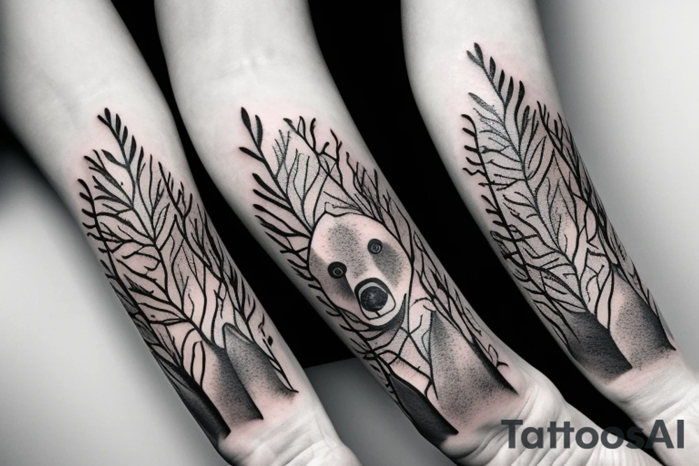 bear house fire forest full hand tattoo idea