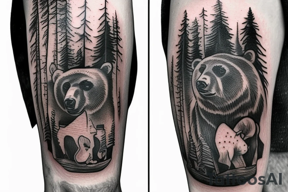 bear house fire forest full hand tattoo idea