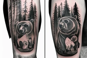 bear house fire forest full hand tattoo idea