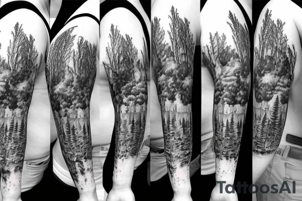bear house fire forest full sleeve tattoo tattoo idea