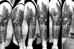 bear house fire forest full sleeve tattoo tattoo idea