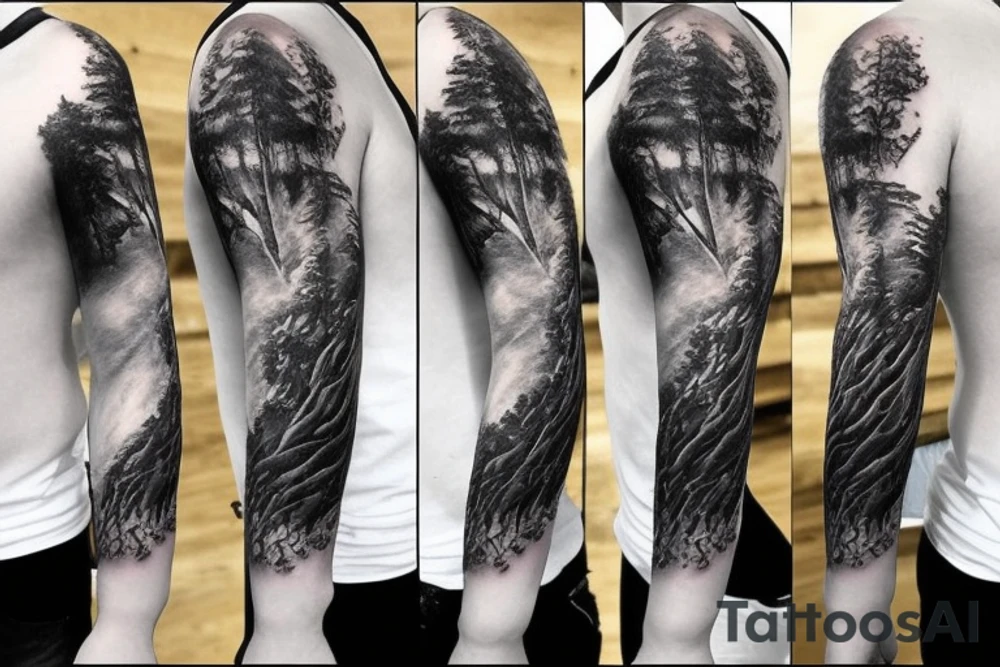 bear house fire forest full sleeve tattoo tattoo idea