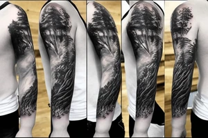 bear house fire forest full sleeve tattoo tattoo idea