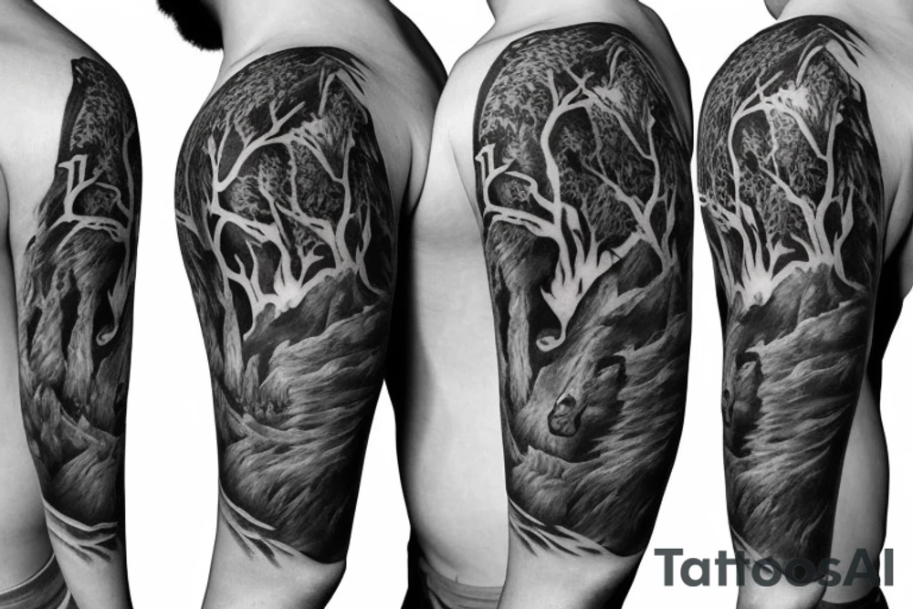 bear house fire forest full sleeve tattoo tattoo idea